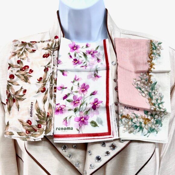 New Set of 3 RENOMA Paris Handkerchief coton 17"pijk blue white green florR(43 - Picture 1 of 10